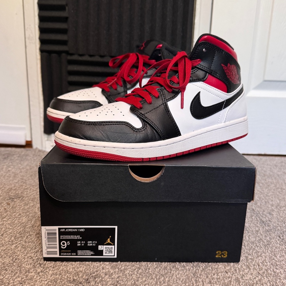 Nike Air Jordan 1 Mid, Men’s size 9.5, white/gym red-black